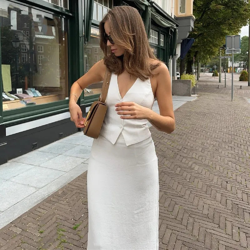 Women’s 2-Piece Summer Set – Solid Colour Button Halter Top and Slit Long Skirt – Trendy Y2K Aesthetic Streetwear