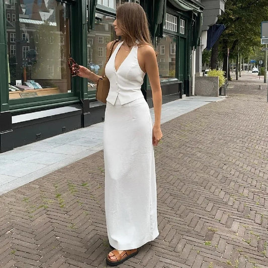 Women’s 2-Piece Summer Set – Solid Colour Button Halter Top and Slit Long Skirt – Trendy Y2K Aesthetic Streetwear