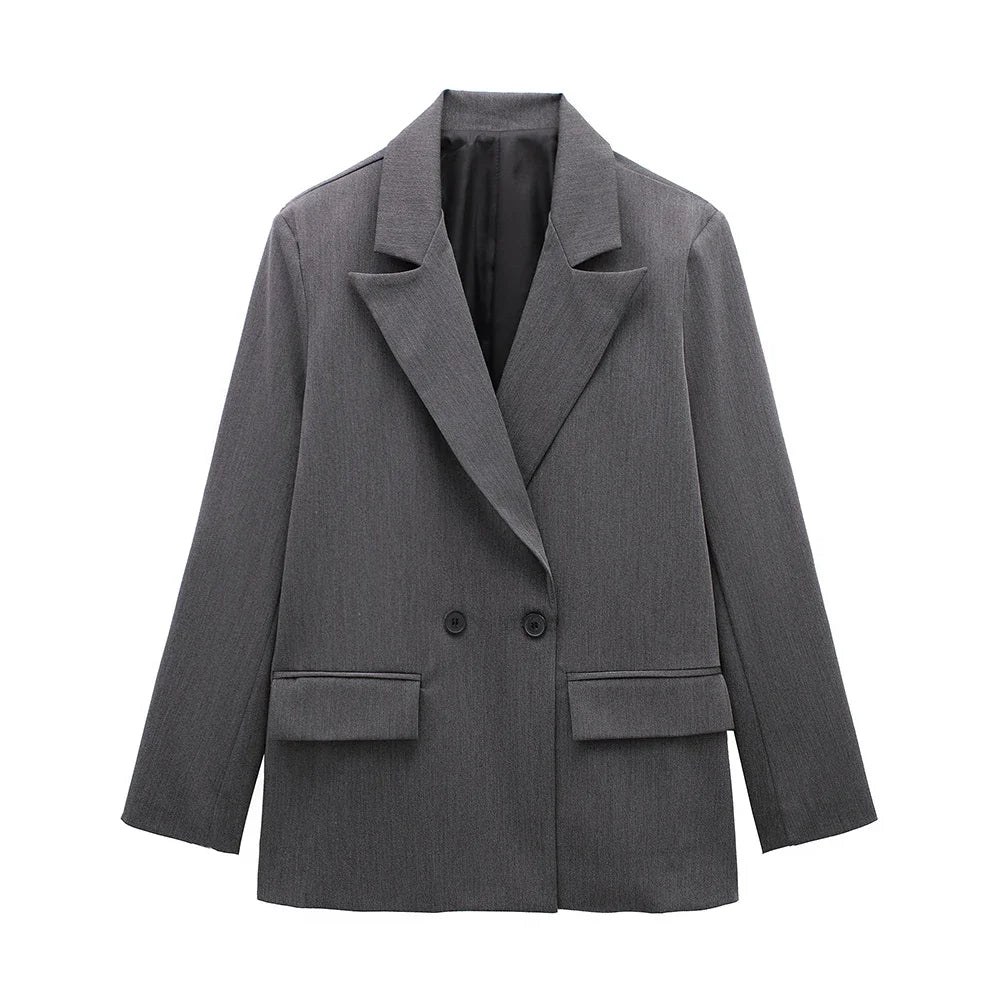 Willshela Women’s Fashion Blazer with Pockets – Solid Double-Breasted Vintage Design, Long Sleeves, Notched Collar – Elegant Office Outfit for Ladies