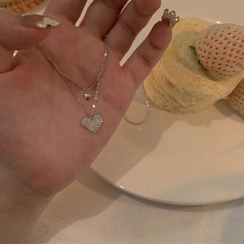 Korean Charm – Double Layer Heart & Lucky Bean Necklace