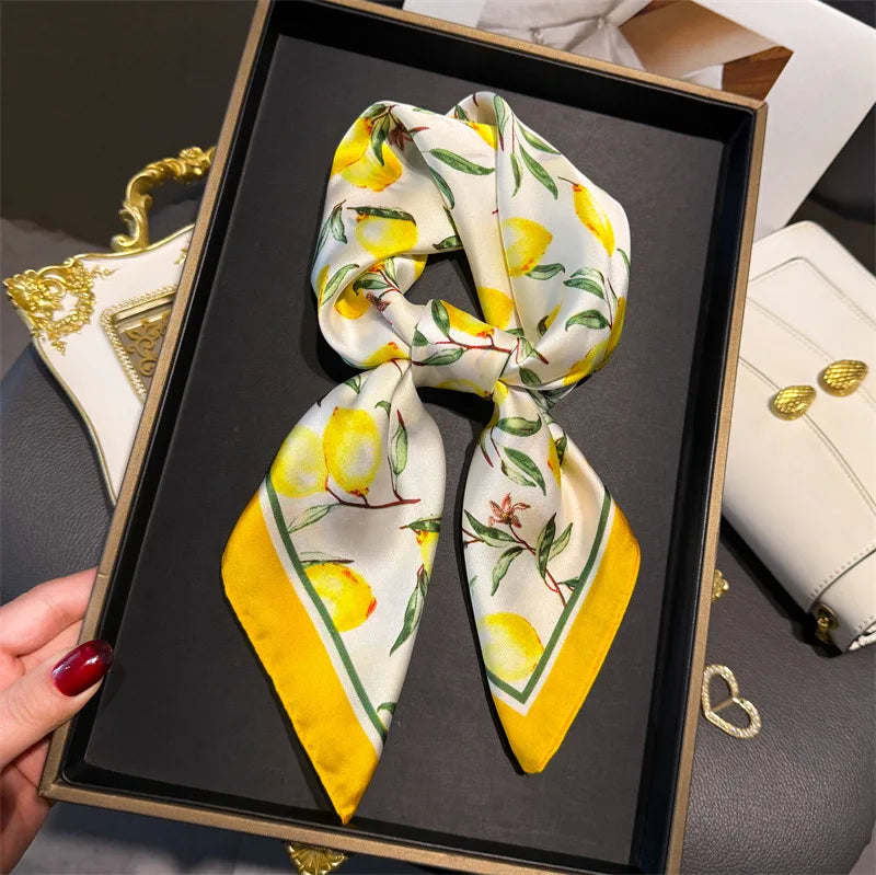 Elegant Floral Silk Scarf – Luxury 70cm Square Designer Foulard for Women | Versatile Shawl, Hijab, Hair Tie & Chic Accessory