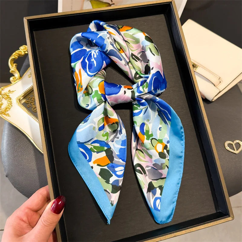 Elegant Floral Silk Scarf – Luxury 70cm Square Designer Foulard for Women | Versatile Shawl, Hijab, Hair Tie & Chic Accessory