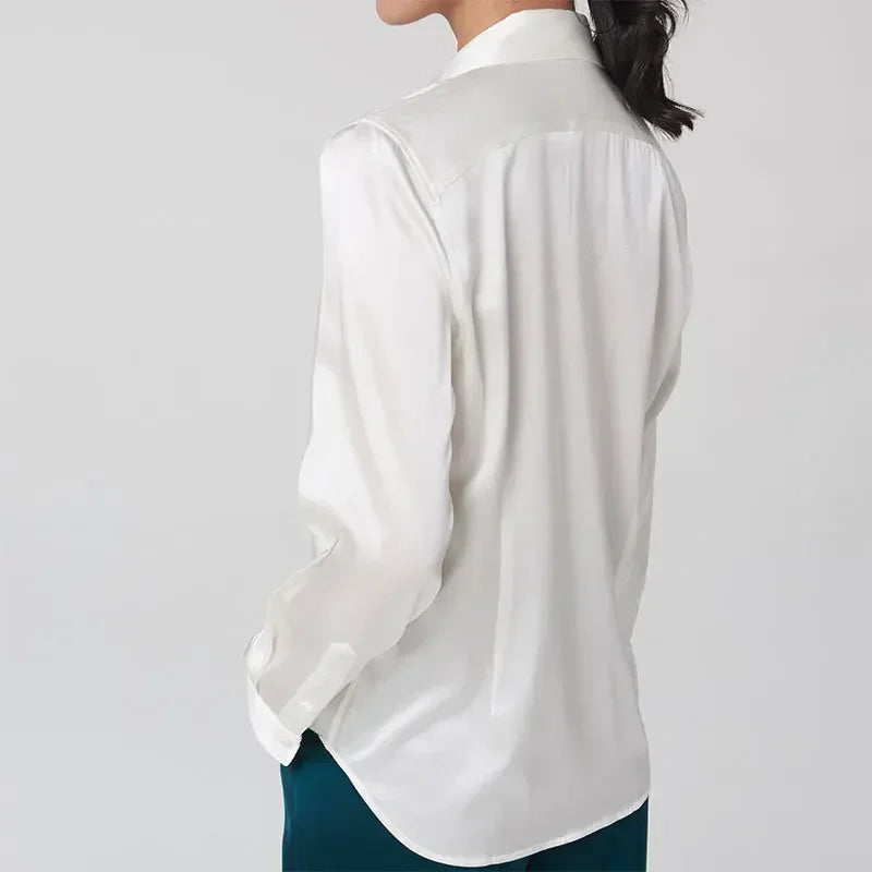 Women’s Long-Sleeve Silk Shirt – 19mm Mulberry Satin Blouse, Loose Fit and Versatile – Made with 95% Natural Silk and 5% Spandex