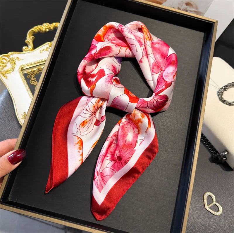 Elegant Floral Silk Scarf – Luxury 70cm Square Designer Foulard for Women | Versatile Shawl, Hijab, Hair Tie & Chic Accessory