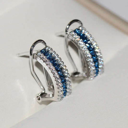 Blue and White AAA Cubic Zirconia 925 Silver Stud Earrings – Simple Rainbow Design for Women – Sterling Silver Filled BOHO Jewelry