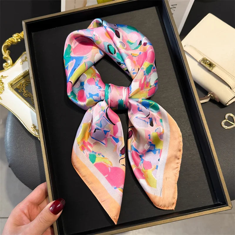 Elegant Floral Silk Scarf – Luxury 70cm Square Designer Foulard for Women | Versatile Shawl, Hijab, Hair Tie & Chic Accessory