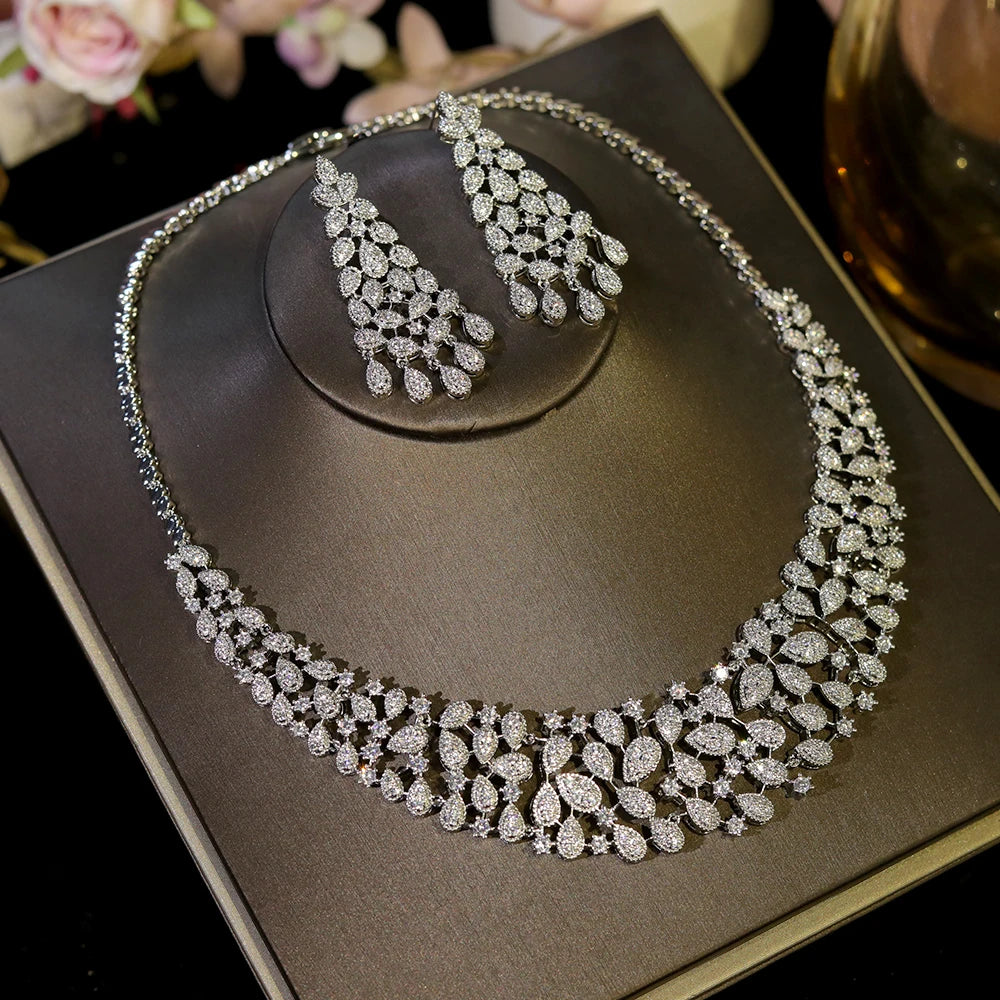 ASNORA Elegant CZ Crystal Zirconia Luxury Silver-Coloured Necklace – Perfect for European Bridal, Wedding & Party Wear – Dubai-Inspired Jewelry Set for Women 2024