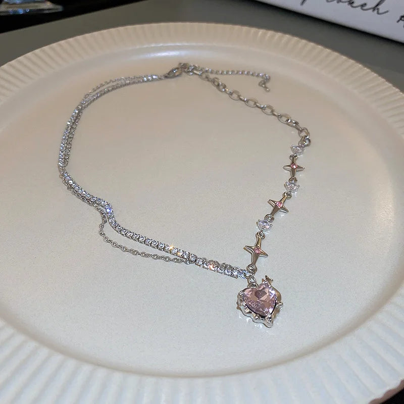Korean Charm – Double Layer Heart & Lucky Bean Necklace