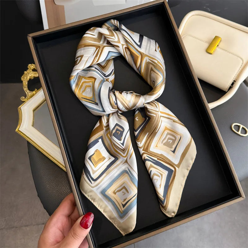 Elegant Floral Silk Scarf – Luxury 70cm Square Designer Foulard for Women | Versatile Shawl, Hijab, Hair Tie & Chic Accessory
