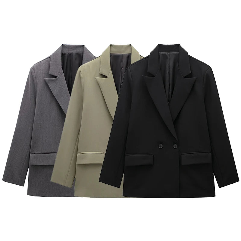 Willshela Women’s Fashion Blazer with Pockets – Solid Double-Breasted Vintage Design, Long Sleeves, Notched Collar – Elegant Office Outfit for Ladies
