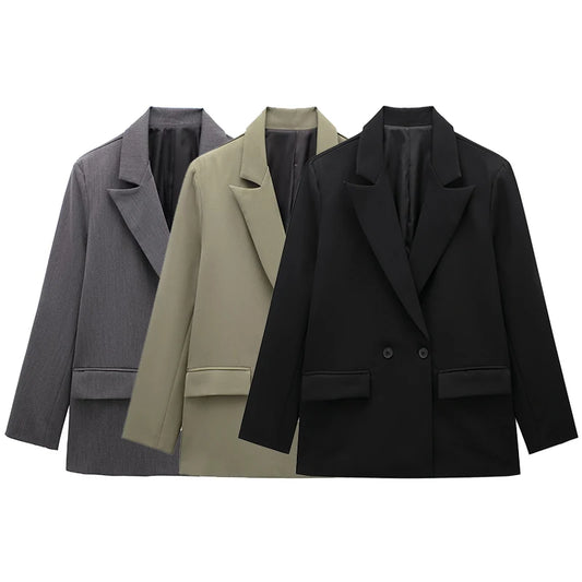 Willshela Women’s Fashion Blazer with Pockets – Solid Double-Breasted Vintage Design, Long Sleeves, Notched Collar – Elegant Office Outfit for Ladies