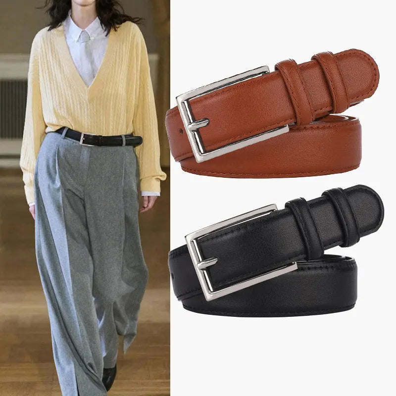 Luxury Genuine Leather Wide Belt for Women – Simple Fashion Accessory with Gold Buckle, 2.8cm Wide Brown Cowhide Belt, Perfect to Match Jeans