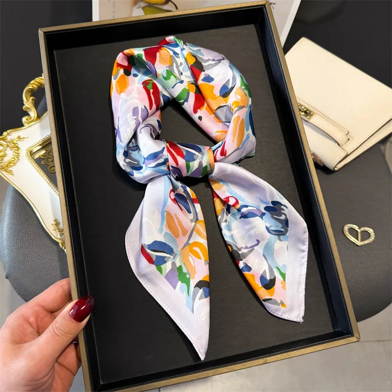 Elegant Floral Silk Scarf – Luxury 70cm Square Designer Foulard for Women | Versatile Shawl, Hijab, Hair Tie & Chic Accessory