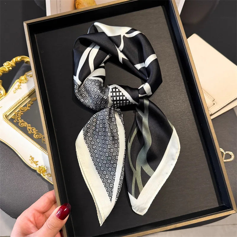 Elegant Floral Silk Scarf – Luxury 70cm Square Designer Foulard for Women | Versatile Shawl, Hijab, Hair Tie & Chic Accessory