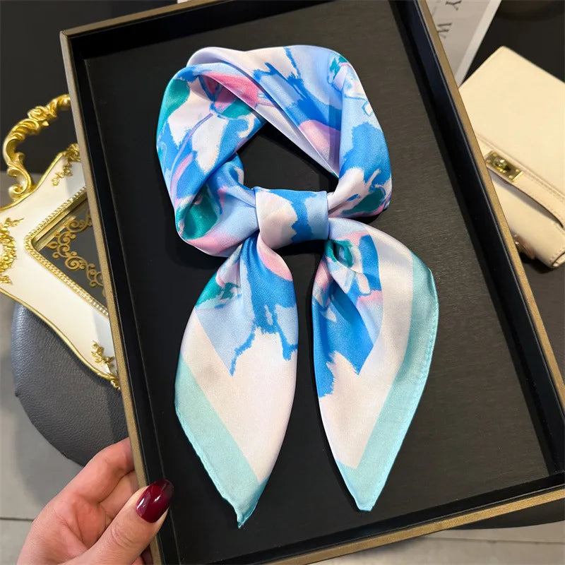 Elegant Floral Silk Scarf – Luxury 70cm Square Designer Foulard for Women | Versatile Shawl, Hijab, Hair Tie & Chic Accessory