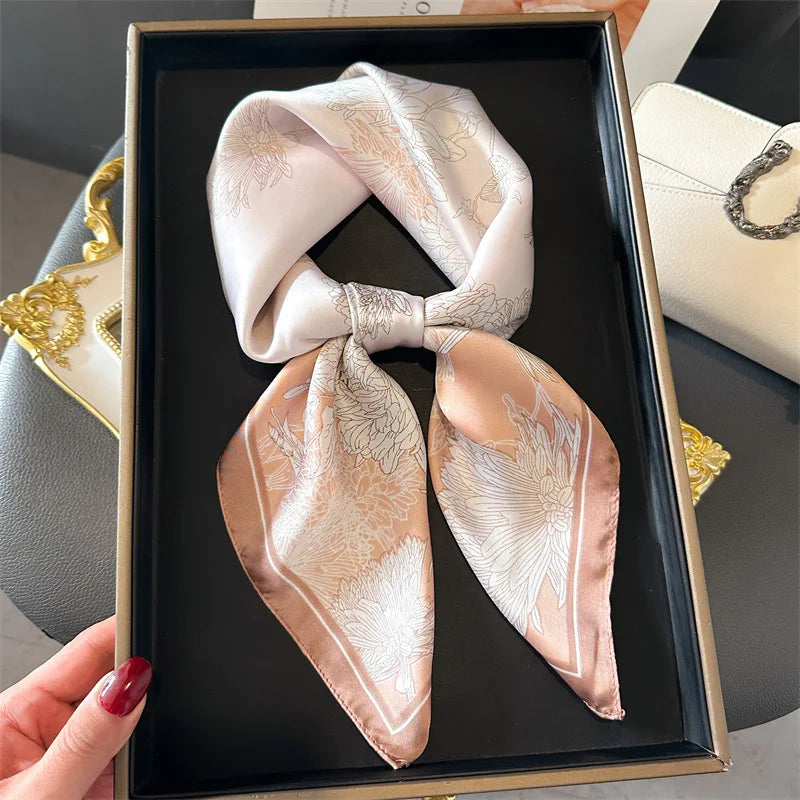 Elegant Floral Silk Scarf – Luxury 70cm Square Designer Foulard for Women | Versatile Shawl, Hijab, Hair Tie & Chic Accessory
