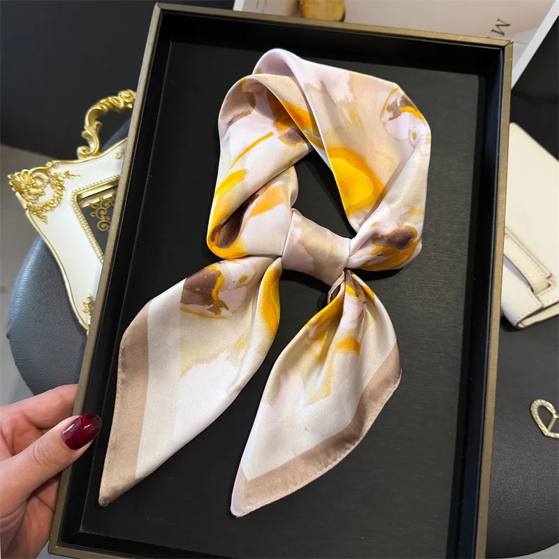 Elegant Floral Silk Scarf – Luxury 70cm Square Designer Foulard for Women | Versatile Shawl, Hijab, Hair Tie & Chic Accessory
