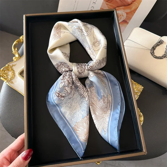 Elegant Floral Silk Scarf – Luxury 70cm Square Designer Foulard for Women | Versatile Shawl, Hijab, Hair Tie & Chic Accessory
