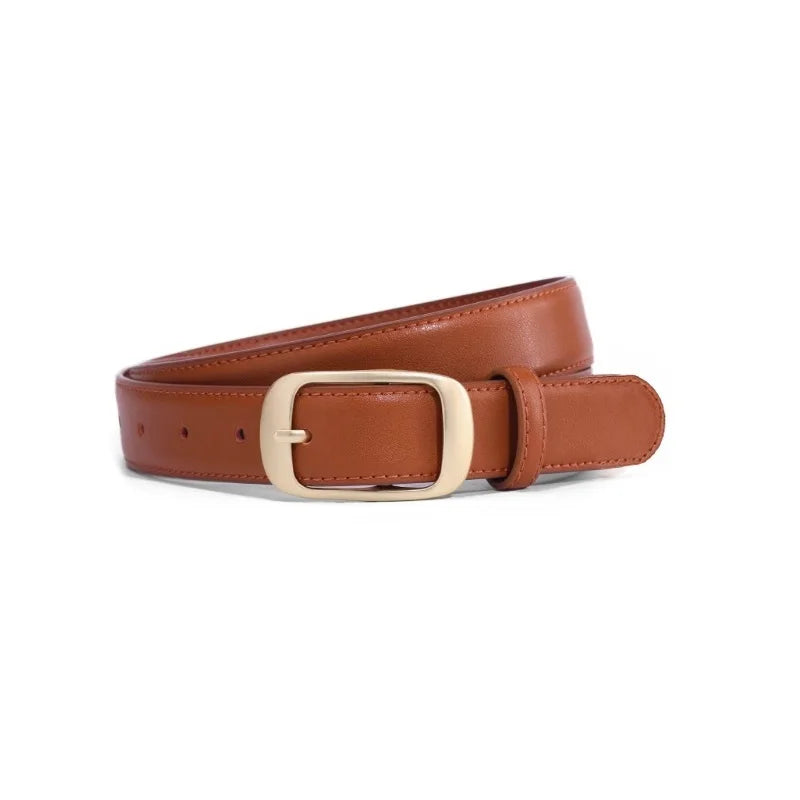 Luxury Genuine Leather Wide Belt for Women – Simple Fashion Accessory with Gold Buckle, 2.8cm Wide Brown Cowhide Belt, Perfect to Match Jeans