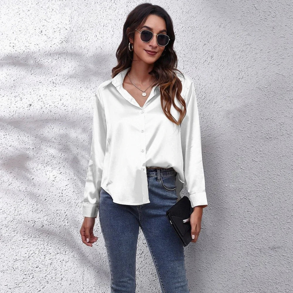 Women’s Satin Blouse – Elegant Long-Sleeve Shirt for Spring and Autumn – Stylish Streetwear and Casual Fashion Top