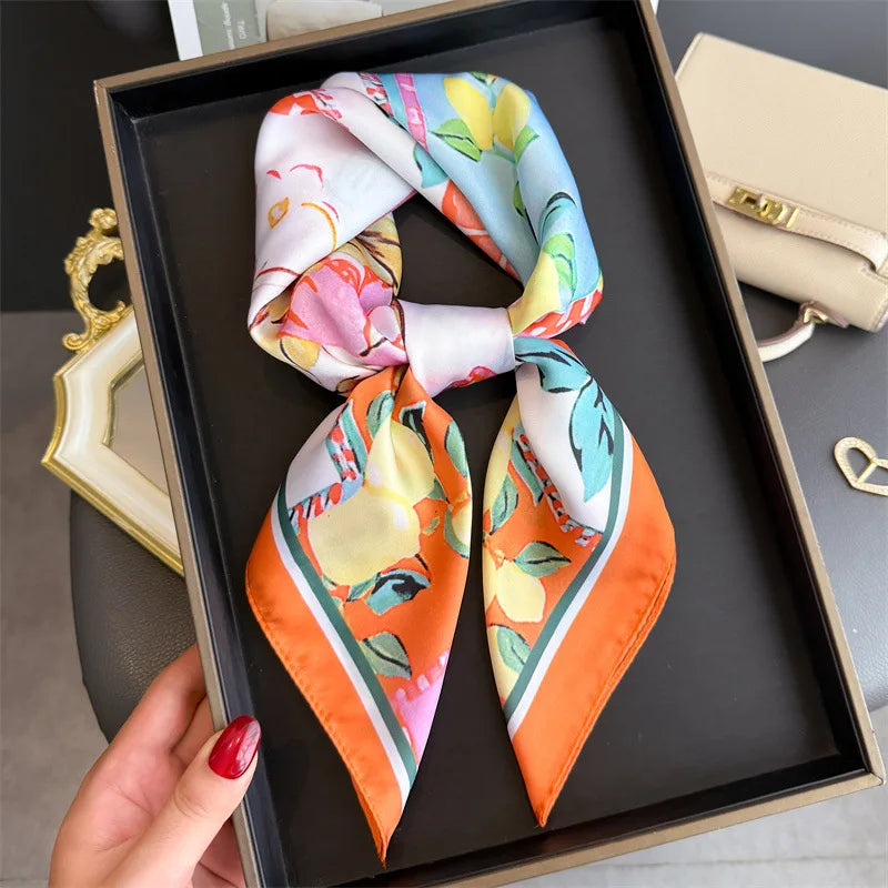 Elegant Floral Silk Scarf – Luxury 70cm Square Designer Foulard for Women | Versatile Shawl, Hijab, Hair Tie & Chic Accessory