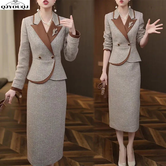 New Autumn and Winter Fashion – High-End Elegant Slim-Fit Suit Top and Dress Set – Sophisticated Two-Piece Outfit for a Timeless, Goddess Look