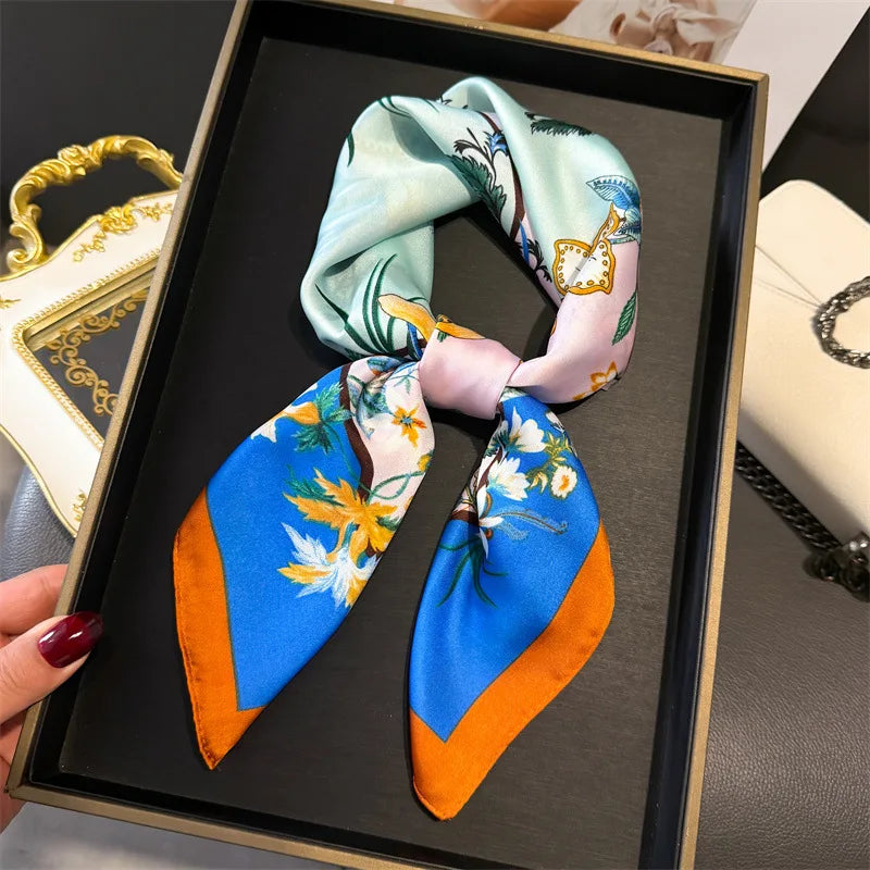Elegant Floral Silk Scarf – Luxury 70cm Square Designer Foulard for Women | Versatile Shawl, Hijab, Hair Tie & Chic Accessory