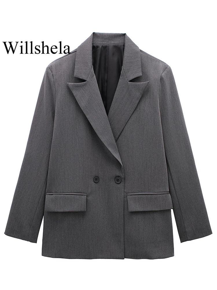 Willshela Women’s Fashion Blazer with Pockets – Solid Double-Breasted Vintage Design, Long Sleeves, Notched Collar – Elegant Office Outfit for Ladies