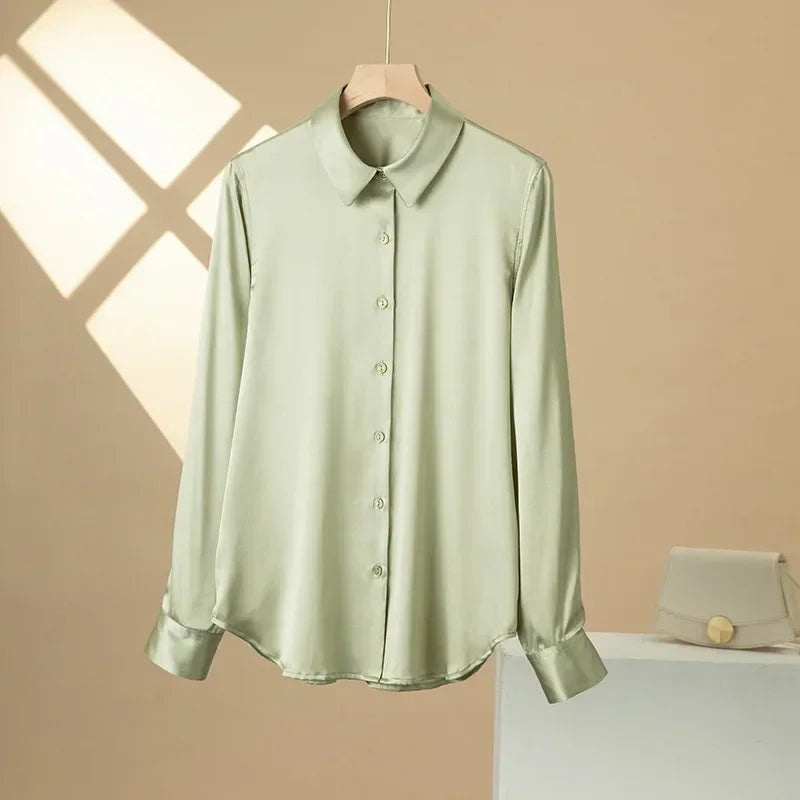 Women’s Long-Sleeve Silk Shirt – 19mm Mulberry Satin Blouse, Loose Fit and Versatile – Made with 95% Natural Silk and 5% Spandex