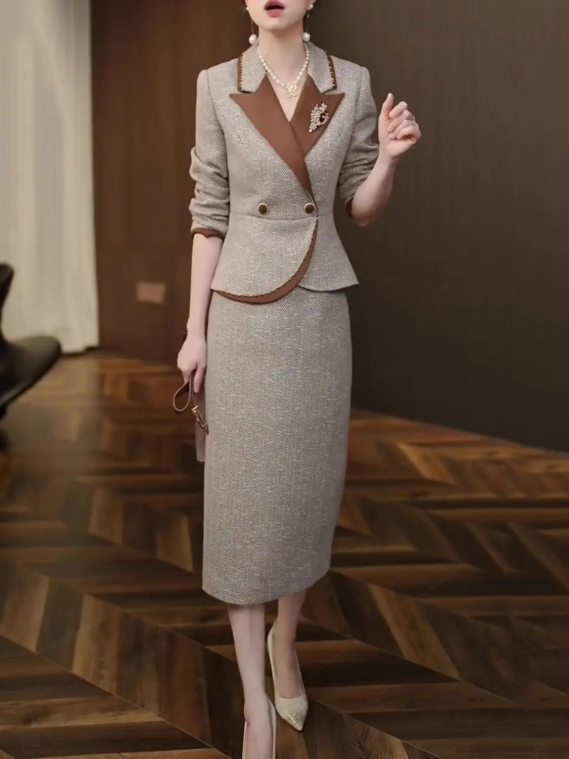 New Autumn and Winter Fashion – High-End Elegant Slim-Fit Suit Top and Dress Set – Sophisticated Two-Piece Outfit for a Timeless, Goddess Look