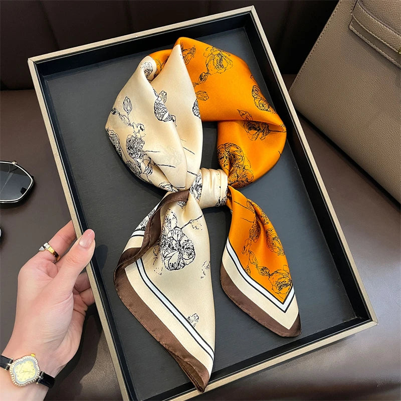 Elegant Floral Silk Scarf – Luxury 70cm Square Designer Foulard for Women | Versatile Shawl, Hijab, Hair Tie & Chic Accessory