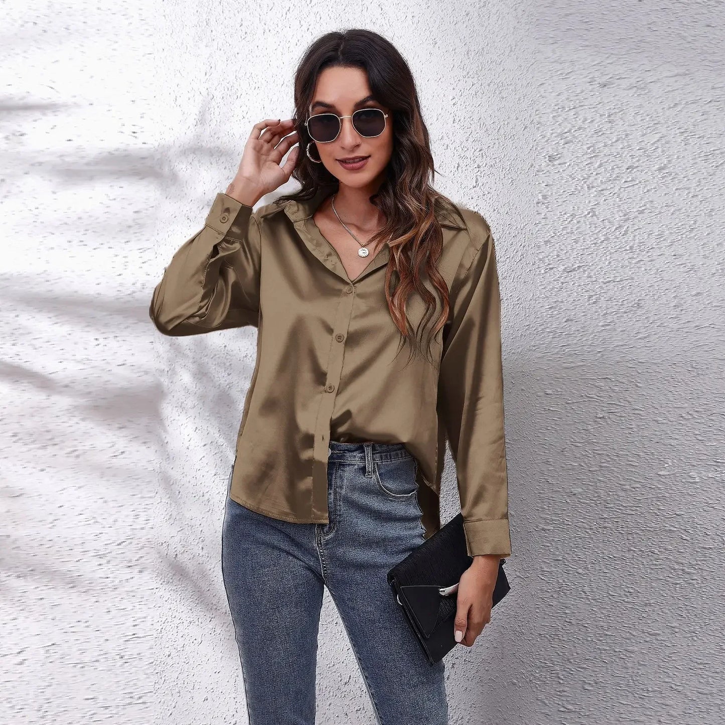 Women’s Satin Blouse – Elegant Long-Sleeve Shirt for Spring and Autumn – Stylish Streetwear and Casual Fashion Top