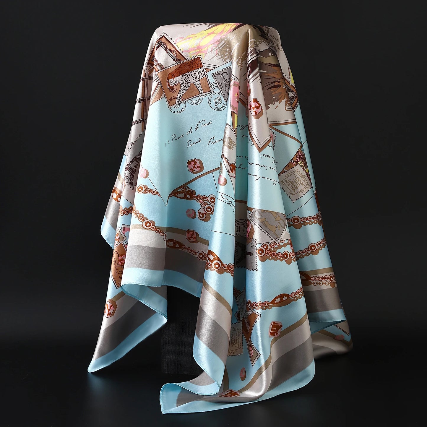 Luxury Brand Silk Scarf – Fashion Satin Foulard Shawl with Leopard Print, 90x90cm Square – Versatile Headscarf, Bandana and Pareo for Women