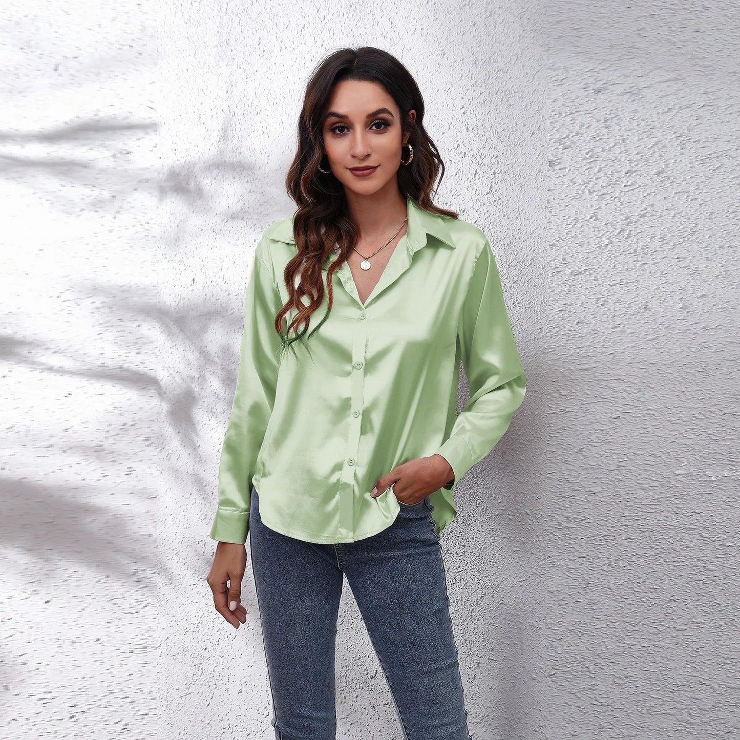 Women’s Satin Blouse – Elegant Long-Sleeve Shirt for Spring and Autumn – Stylish Streetwear and Casual Fashion Top
