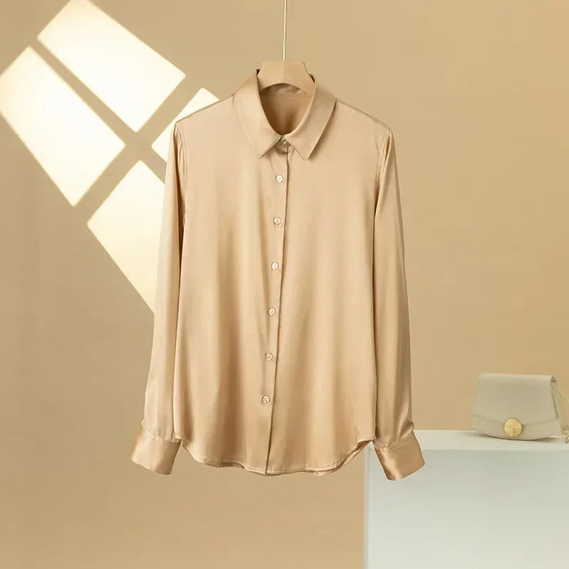 Women’s Long-Sleeve Silk Shirt – 19mm Mulberry Satin Blouse, Loose Fit and Versatile – Made with 95% Natural Silk and 5% Spandex