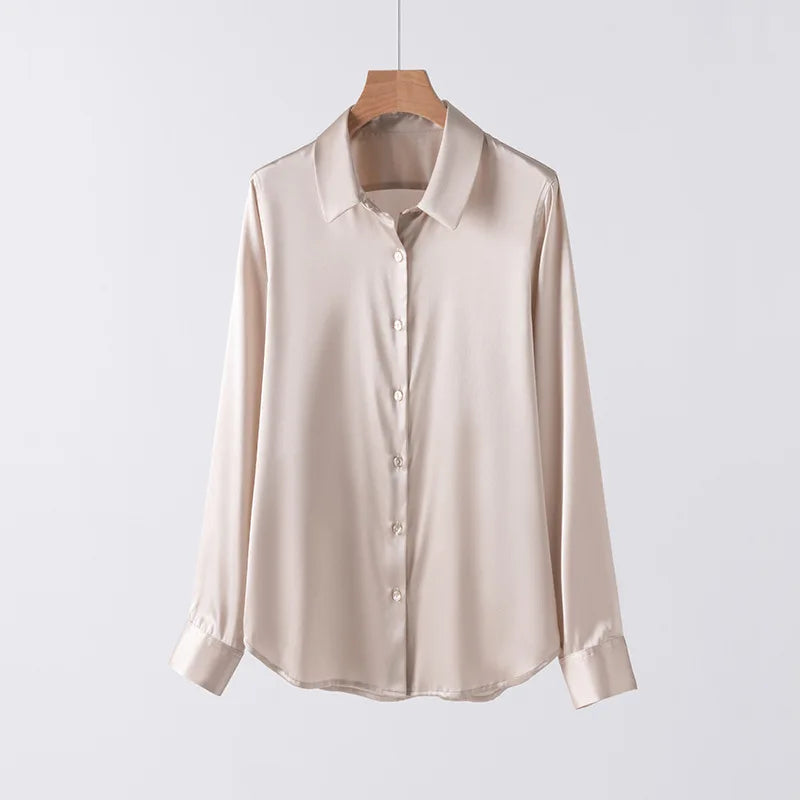 Women’s Long-Sleeve Silk Shirt – 19mm Mulberry Satin Blouse, Loose Fit and Versatile – Made with 95% Natural Silk and 5% Spandex