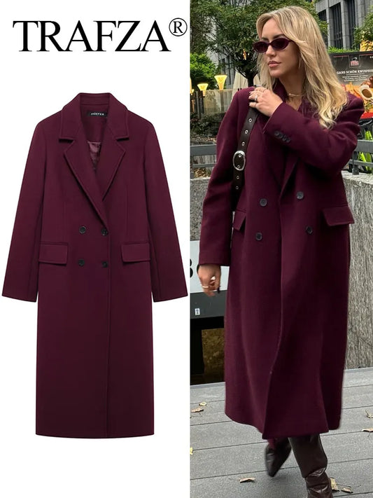 TRAFZA Women's Burgundy Wool Blend Coat – Double-Breasted High-Street Elegance | Long Sleeve Lapel Jacket for Autumn & Winter