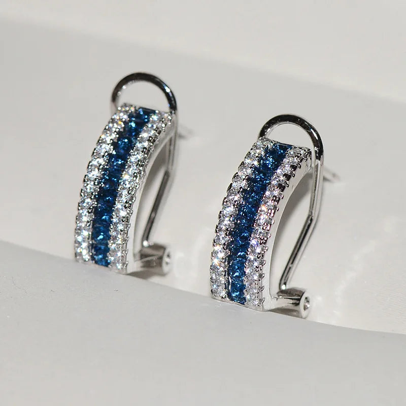 Blue and White AAA Cubic Zirconia 925 Silver Stud Earrings – Simple Rainbow Design for Women – Sterling Silver Filled BOHO Jewelry