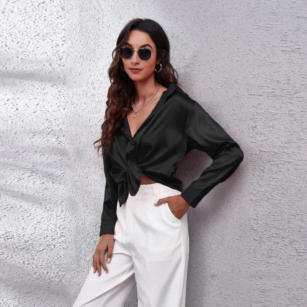 Women’s Satin Blouse – Elegant Long-Sleeve Shirt for Spring and Autumn – Stylish Streetwear and Casual Fashion Top