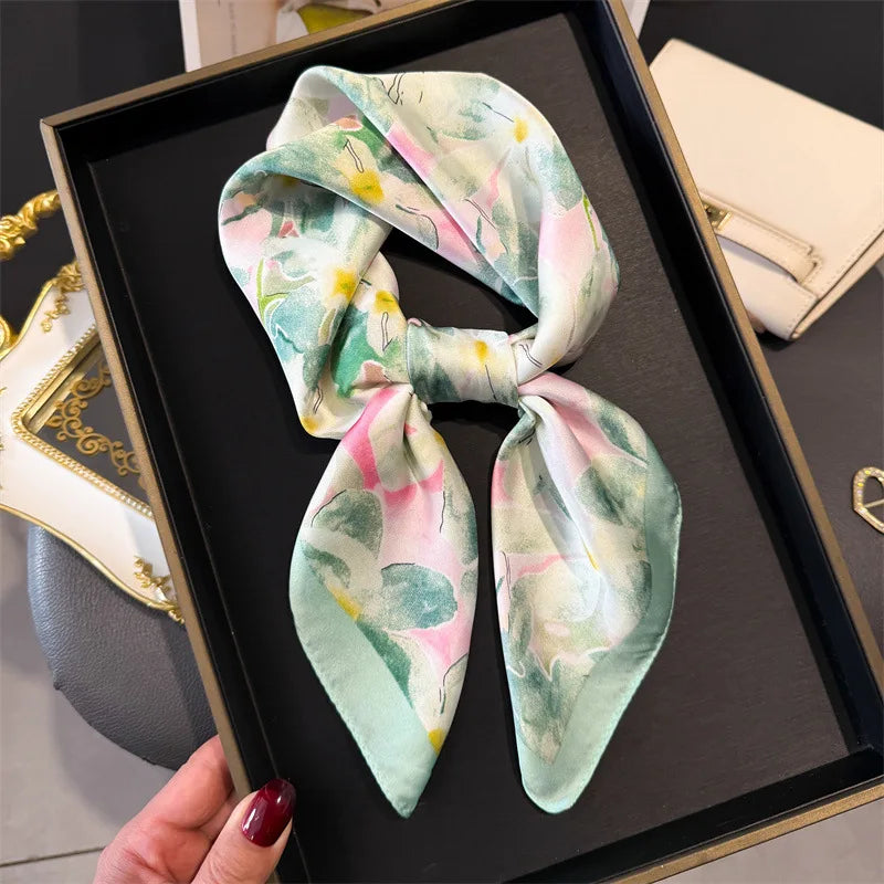 Elegant Floral Silk Scarf – Luxury 70cm Square Designer Foulard for Women | Versatile Shawl, Hijab, Hair Tie & Chic Accessory