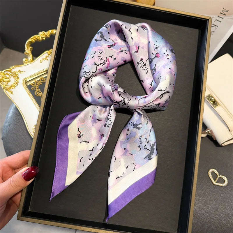 Elegant Floral Silk Scarf – Luxury 70cm Square Designer Foulard for Women | Versatile Shawl, Hijab, Hair Tie & Chic Accessory