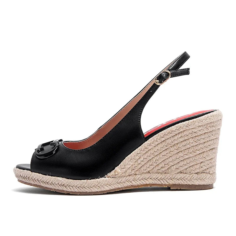 Luxury Brand Women's Summer Casual Sandals – Gold Initials Insignia PU Leather Wedges