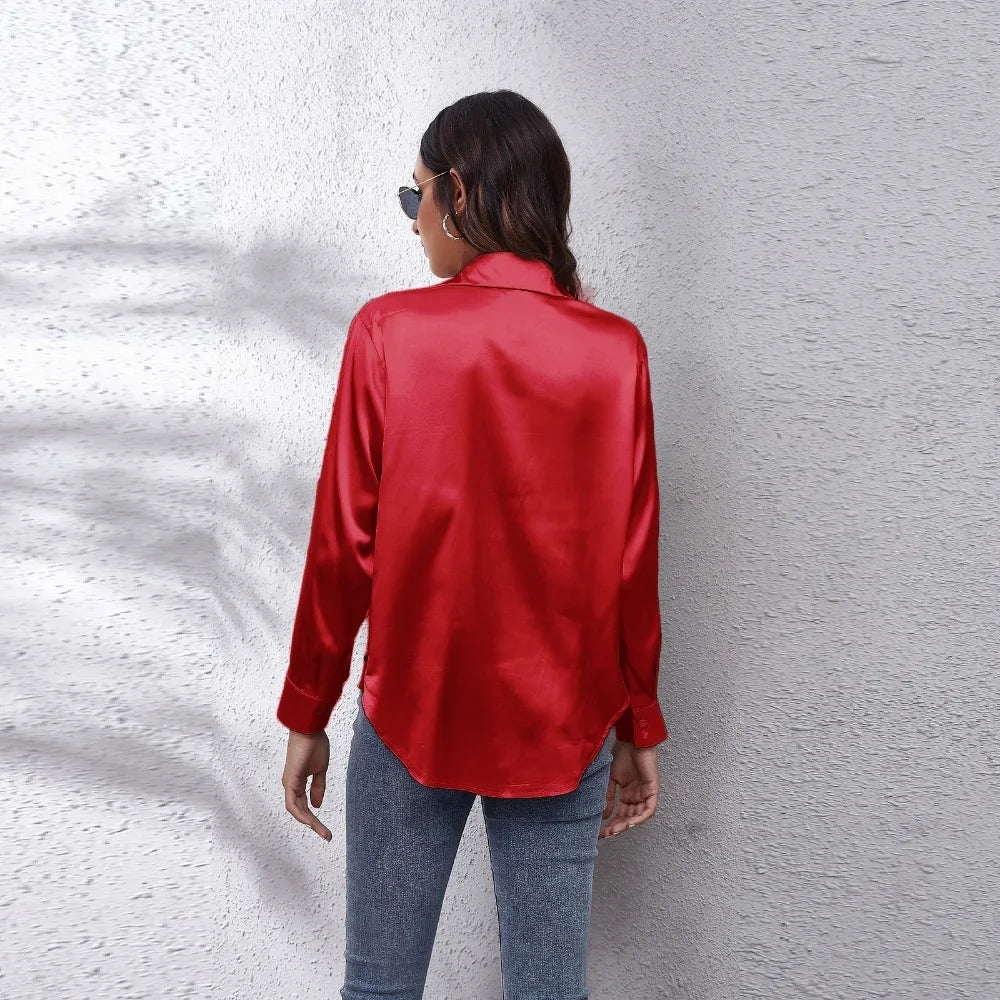 Women’s Satin Blouse – Elegant Long-Sleeve Shirt for Spring and Autumn – Stylish Streetwear and Casual Fashion Top
