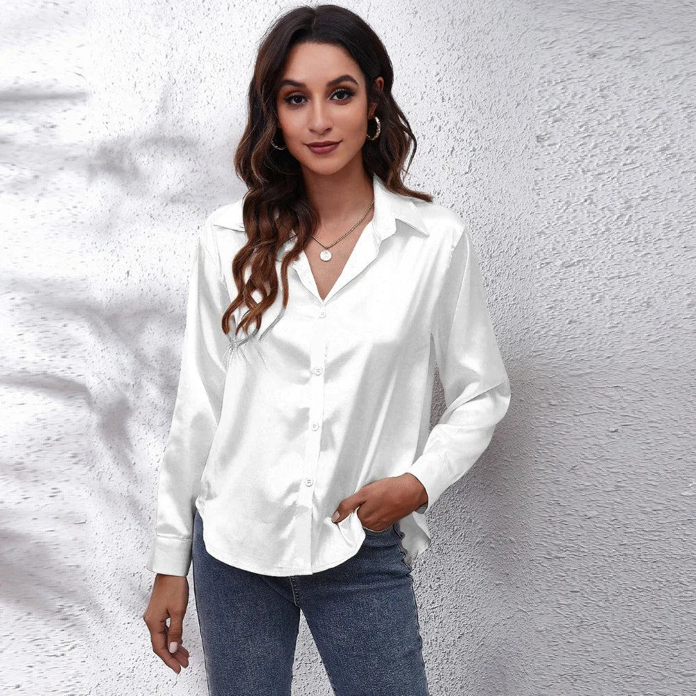 Women’s Satin Blouse – Elegant Long-Sleeve Shirt for Spring and Autumn – Stylish Streetwear and Casual Fashion Top
