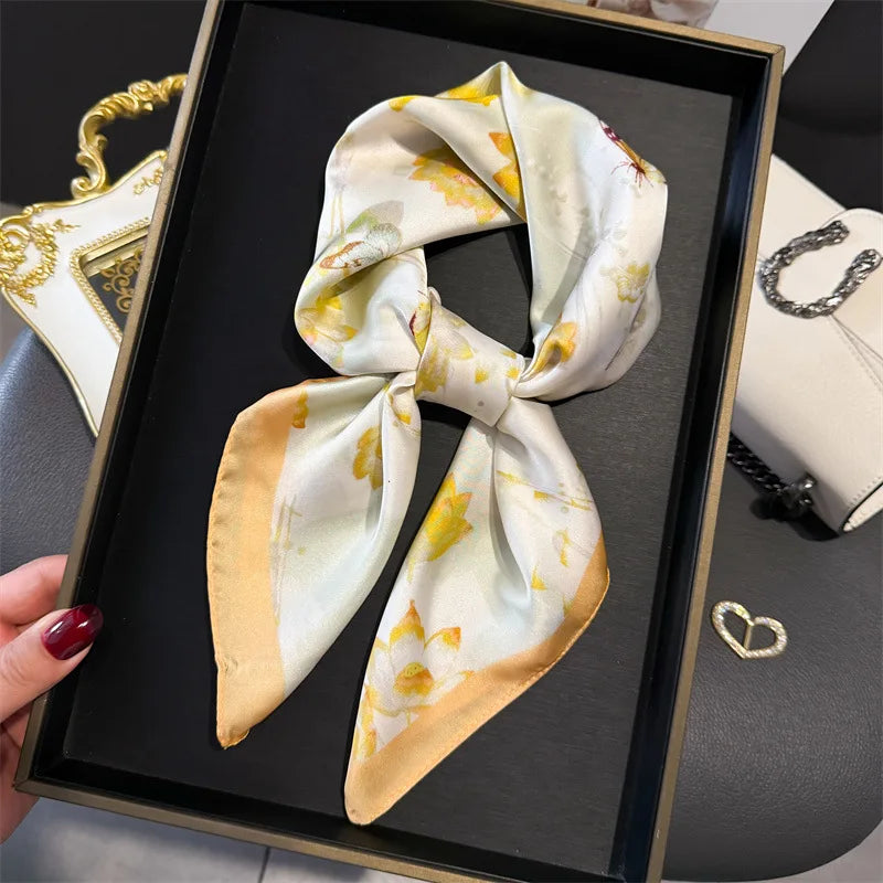 Elegant Floral Silk Scarf – Luxury 70cm Square Designer Foulard for Women | Versatile Shawl, Hijab, Hair Tie & Chic Accessory