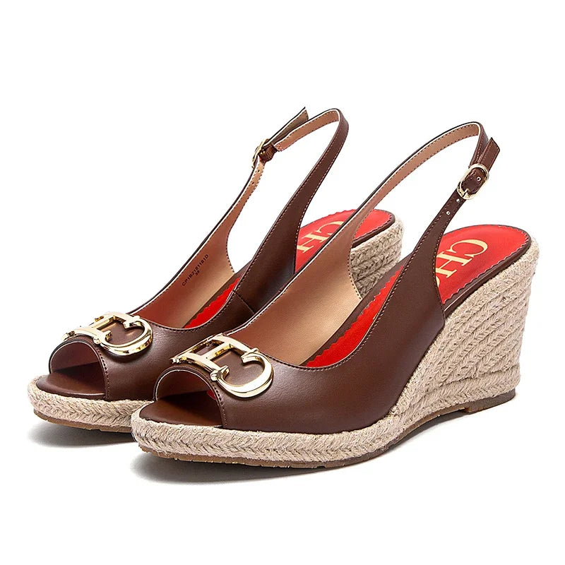 Luxury Brand Women's Summer Casual Sandals – Gold Initials Insignia PU Leather Wedges