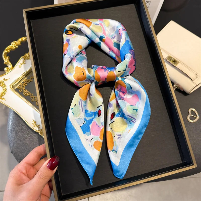 Elegant Floral Silk Scarf – Luxury 70cm Square Designer Foulard for Women | Versatile Shawl, Hijab, Hair Tie & Chic Accessory