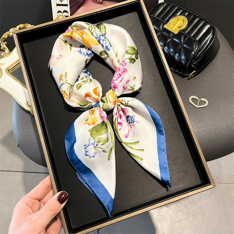 Elegant Floral Silk Scarf – Luxury 70cm Square Designer Foulard for Women | Versatile Shawl, Hijab, Hair Tie & Chic Accessory