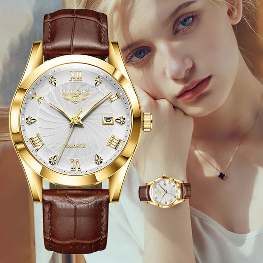 LIGE Women's Luxury Classic Watch – Waterproof Sport Leather Strap – Top Brand Fashion Timepiece for Ladies