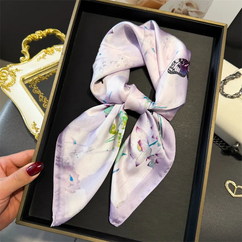 Elegant Floral Silk Scarf – Luxury 70cm Square Designer Foulard for Women | Versatile Shawl, Hijab, Hair Tie & Chic Accessory